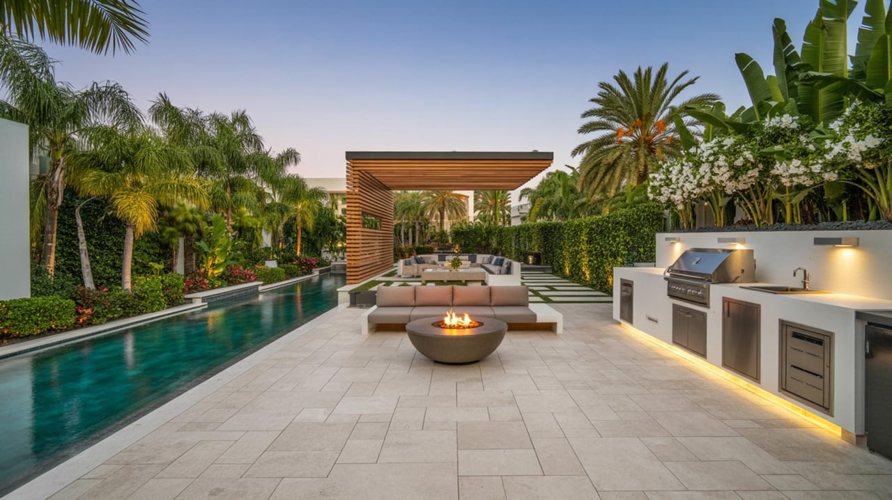 Modern backyard patio with a long pool, wood pergola, outdoor kitchen, and fire bowl.