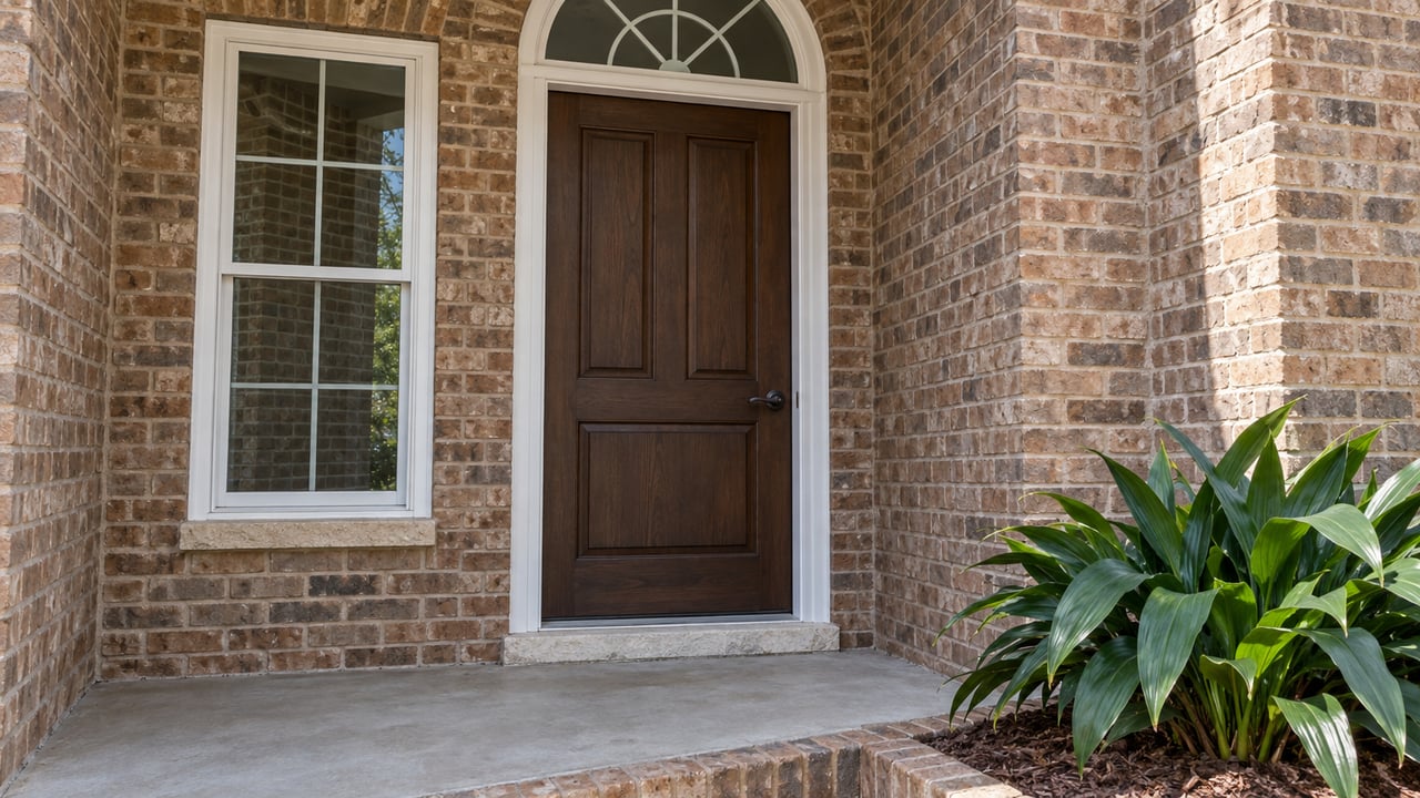 Brick home entrance with a dark wood door, arched transom, and leafy plants.