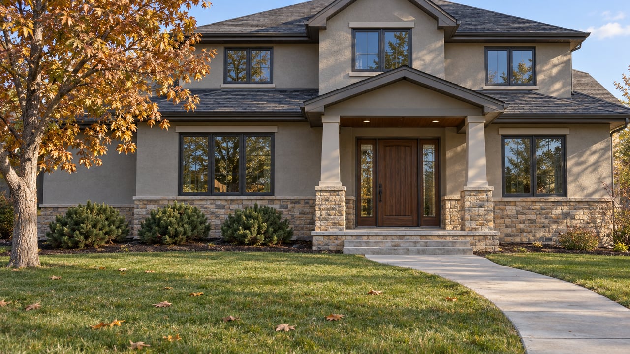 Autumn afternoon light on a two-story stucco and stone home with a deep green lawn, covered entry, and golden oak leaves.
