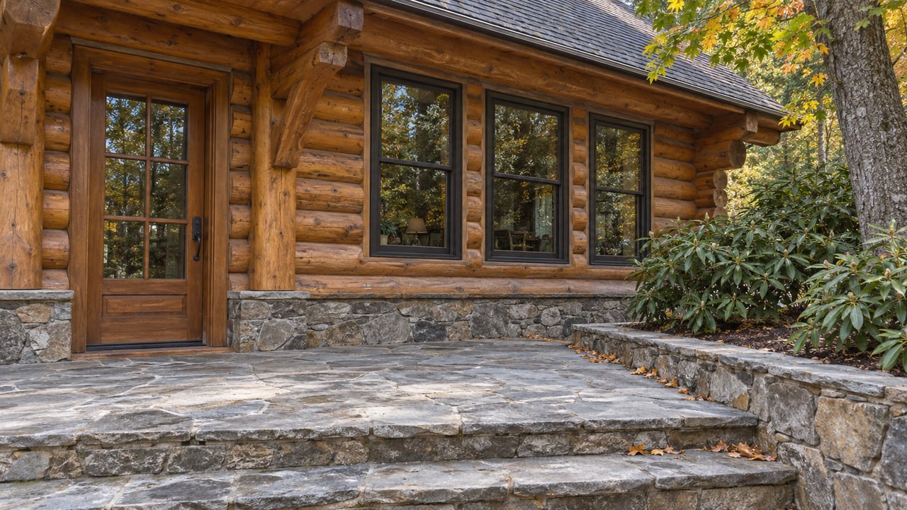 Amber log cabin entrance with dark-framed windows, weathered stone steps and a planted autumn bank.