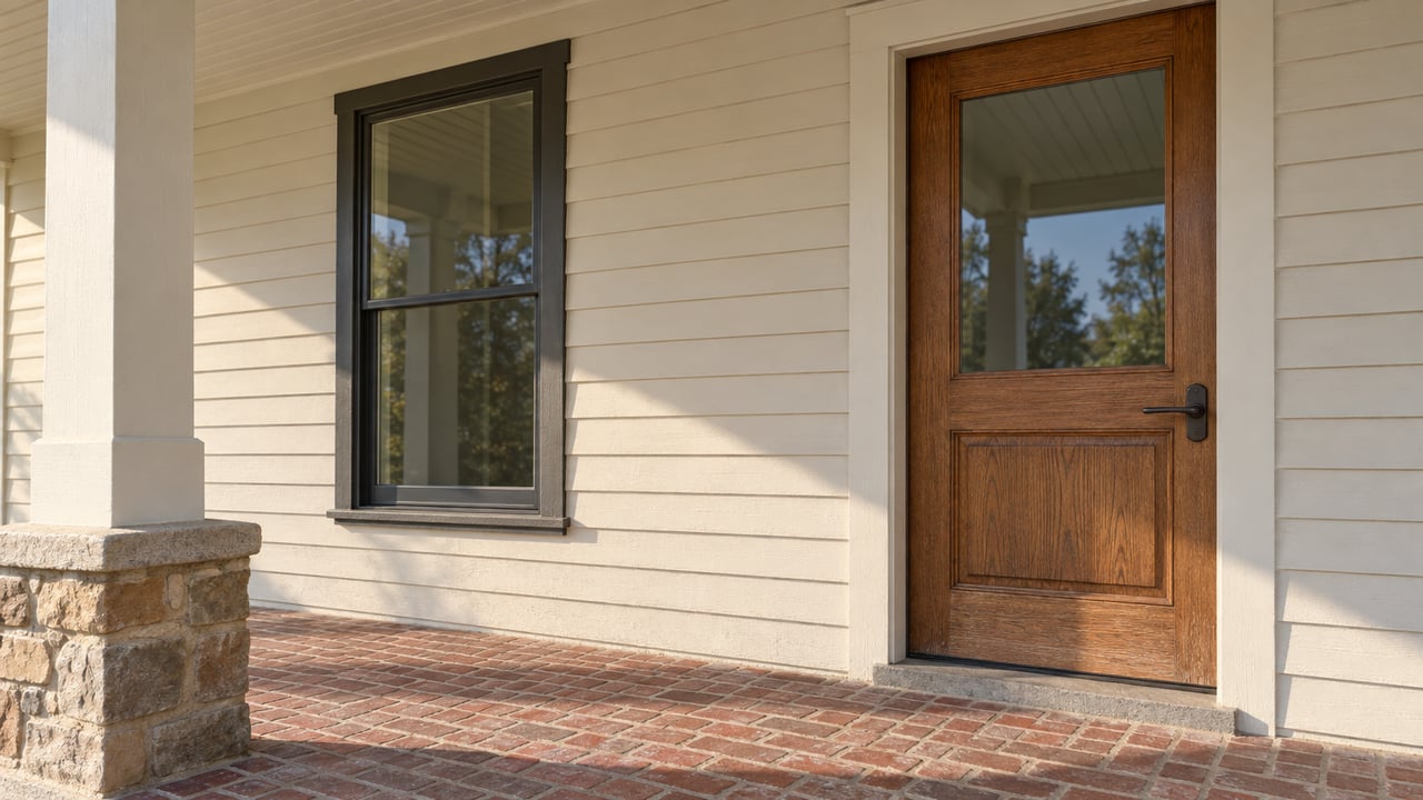 Close view of a cream-sided farmhouse porch with an oak entry door, charcoal window frame, and worn red brick paving in morning light.