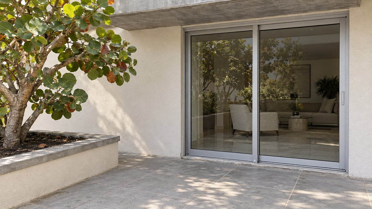 Sunlit stucco terrace entrance with silver-framed sliding glass doors, pale paving, and a sea-grape tree in a raised masonry planter.