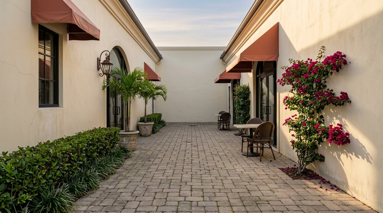 Stucco café breezeway with arched black-framed windows, terracotta awnings, pavers, palms, and magenta bougainvillea.