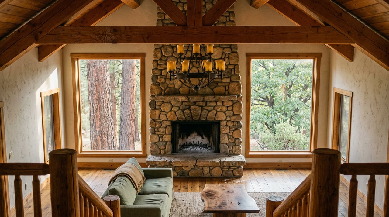 Timber lodge great room with a river-rock fireplace, exposed beams, and pine and oak trees beyond tall windows.