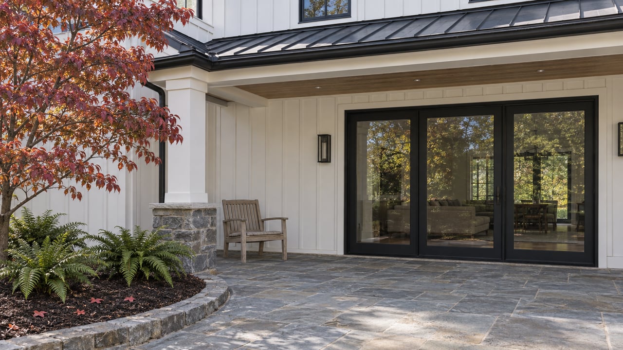 White board-and-batten home with a black metal porch roof, glazed rear doors and a blue-gray stone terrace beside red autumn dogwood leaves.