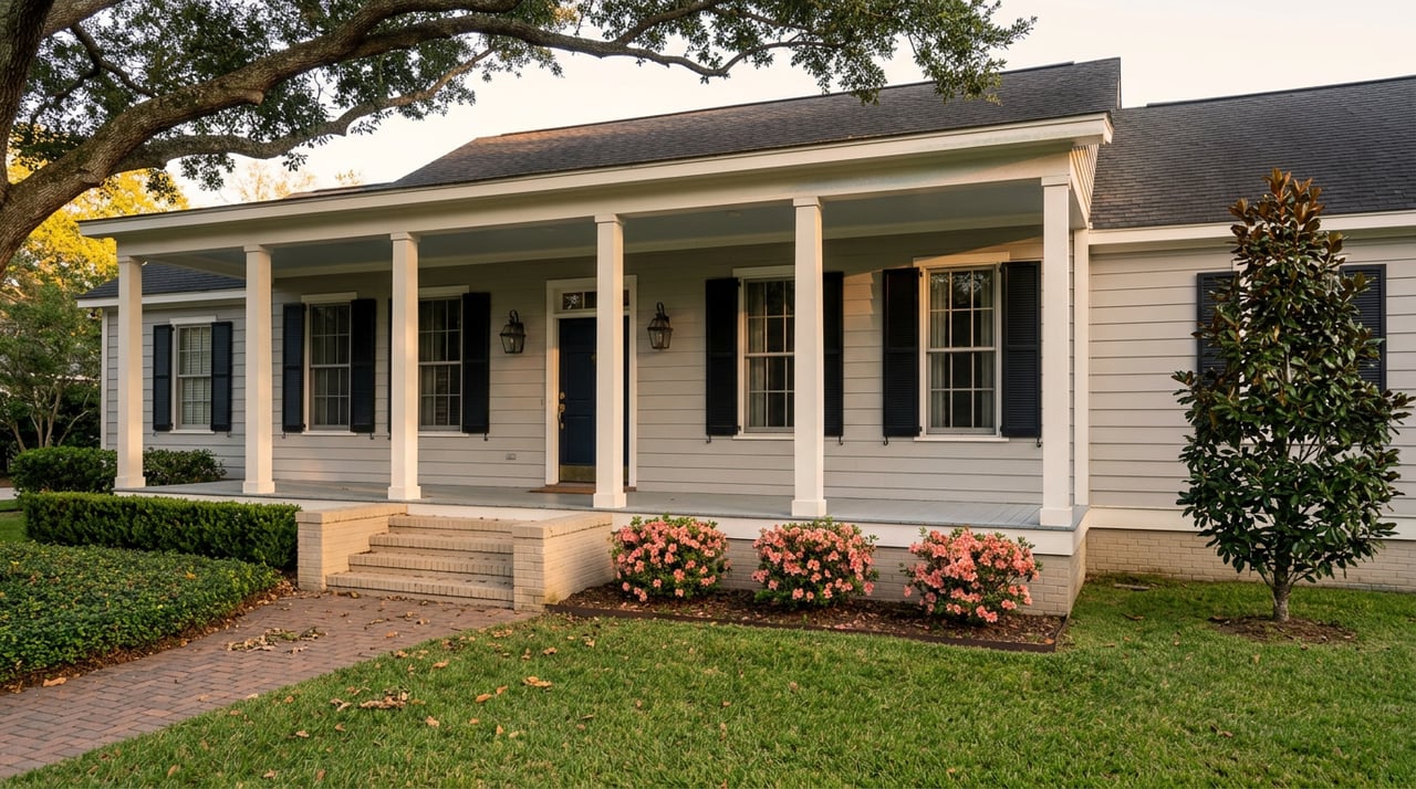 Gray-sided house with a deep columned porch, curved brick walkway, coral azaleas, and mature trees.