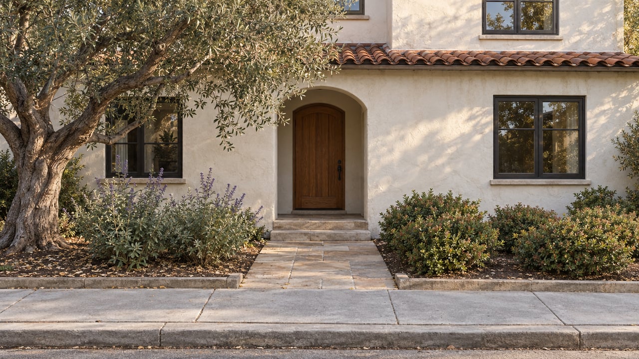 Ivory stucco home with terracotta roof, recessed oak door, sandstone path, and twisting olive tree.