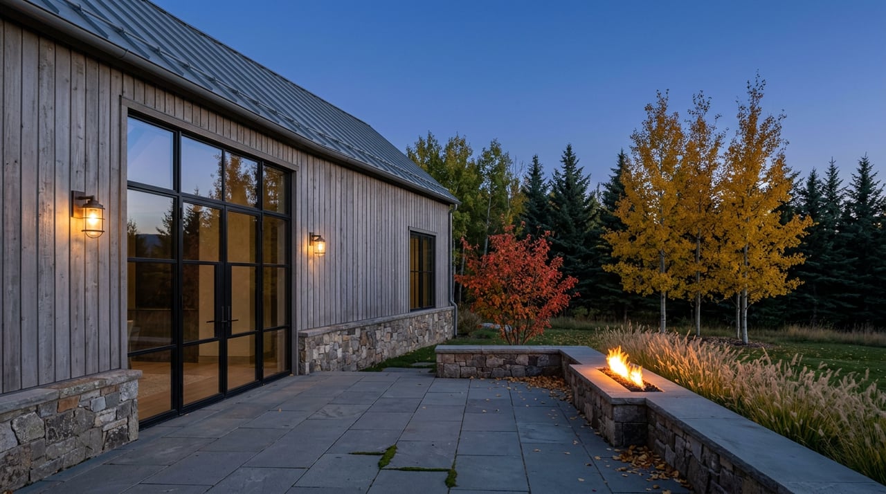 Home terrace with glowing fire feature, bronze sconce, and golden aspens at dusk.