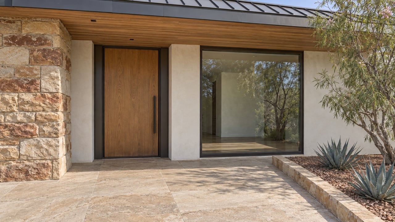 Contemporary home entry with a timber overhang, sandstone pier, oak door, and desert planting beside a stone terrace.