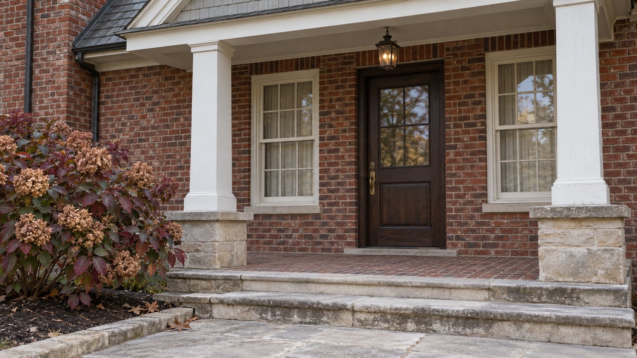 Traditional brick home entry with limestone steps, an oak door, divided-light windows and autumn oakleaf hydrangea.