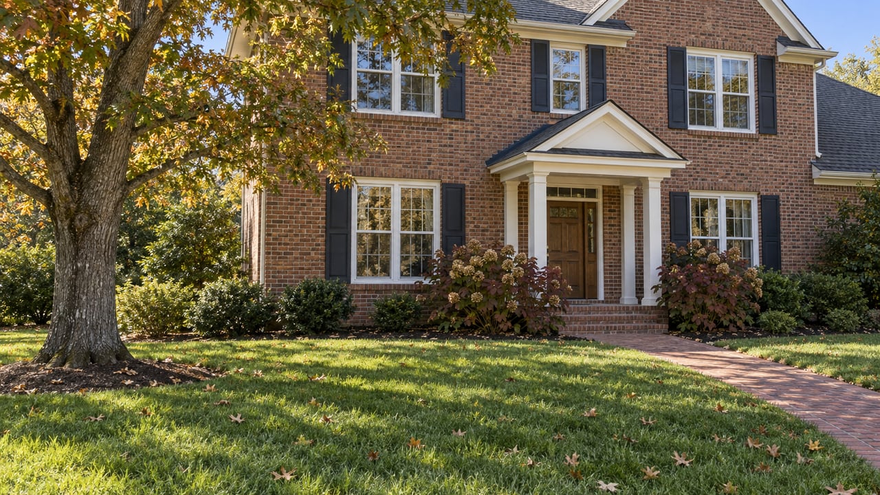 Red-brown brick home with white-trimmed windows, a small columned entry and a brick walk across an autumn lawn beneath a white oak.