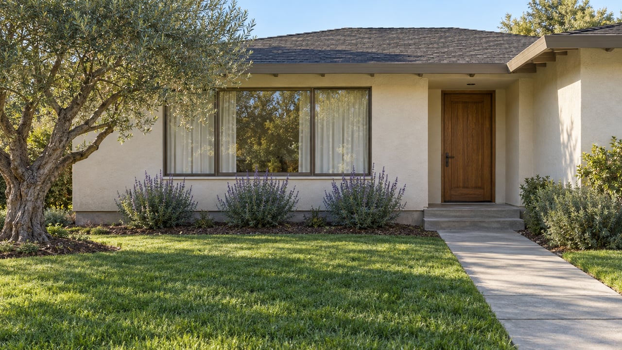 Morning light on an ivory stucco single-story home with bronze-framed windows, an oak entry door, a deep lawn and a sculptural olive tree.