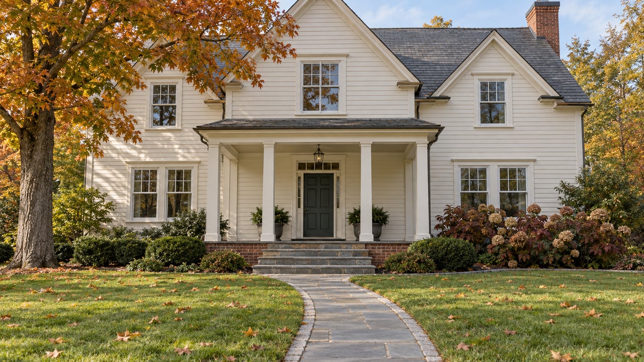 Cream clapboard home with slate gables, a stone-front porch, deep green entry door and an autumn maple beside a generous lawn.