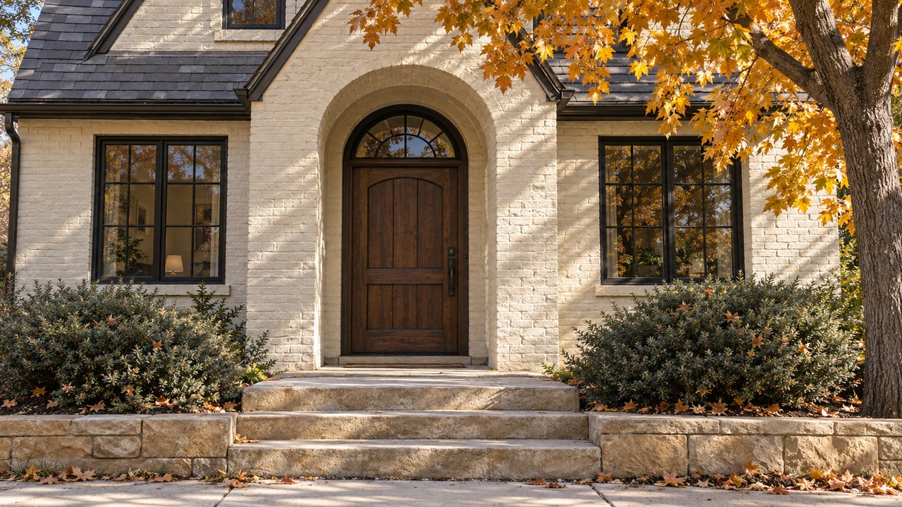 Cream-painted brick house with an arched oak entry, limestone steps, and an amber-leaved maple.