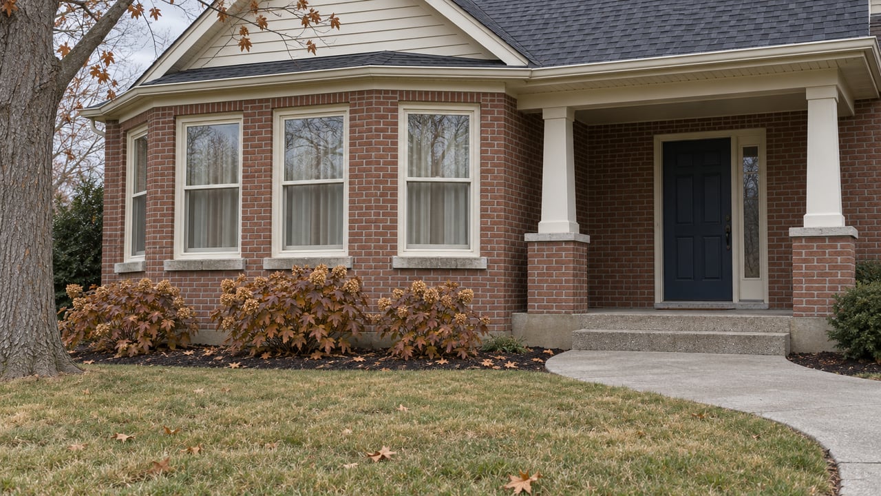 Late-autumn lawn leading to a red-brick home with cream windows, a covered porch, and dormant oakleaf hydrangeas.