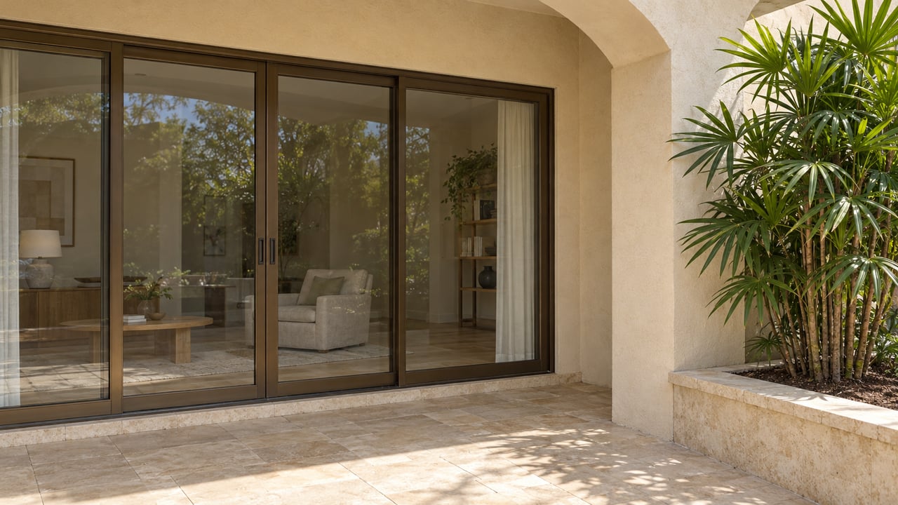 Cream stucco terrace with limestone paving, bronze-framed glass doors and a single fan-leaf palm in a raised stone planter.
