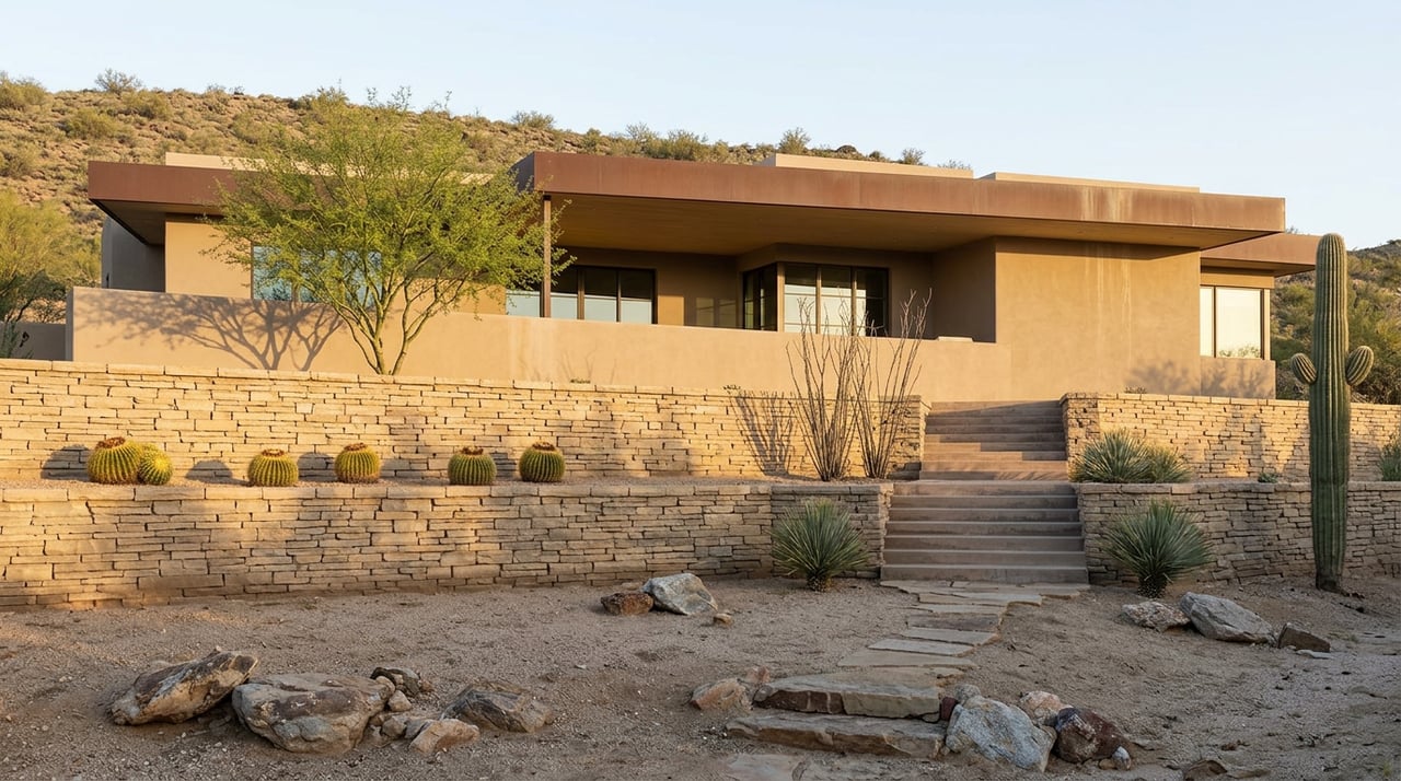 Stepped desert home above a rocky wash, with stone retaining walls, a palo verde, and cacti.