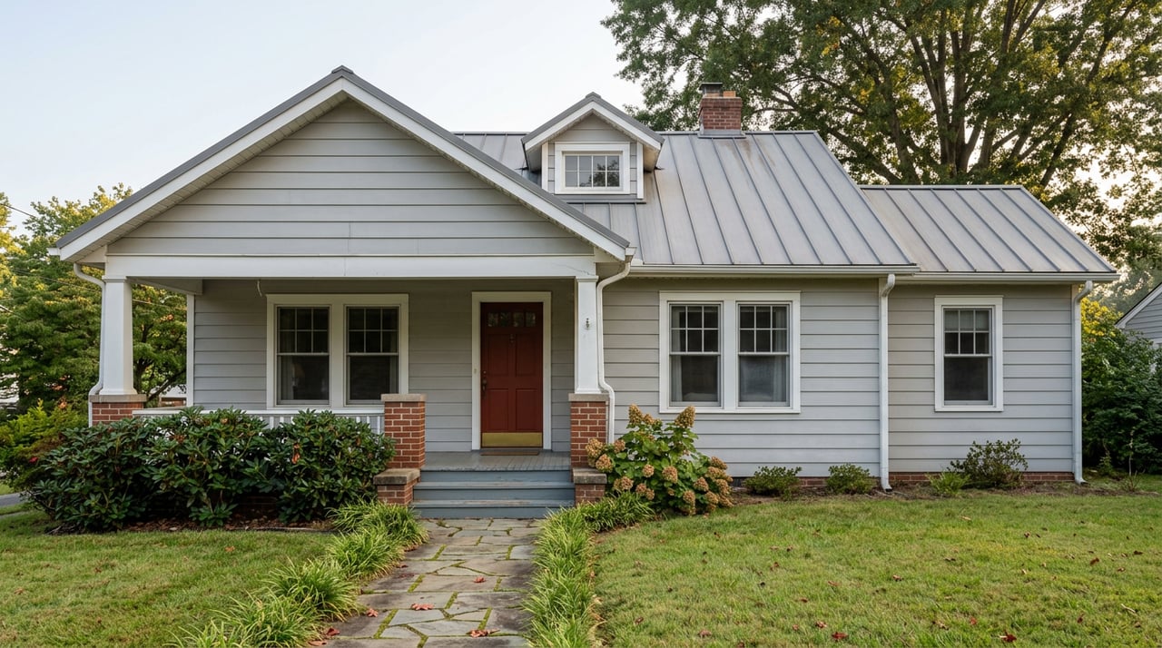 Dove-gray gable-front cottage with red door, dormer, brick chimney, and flagstone path beneath oak.