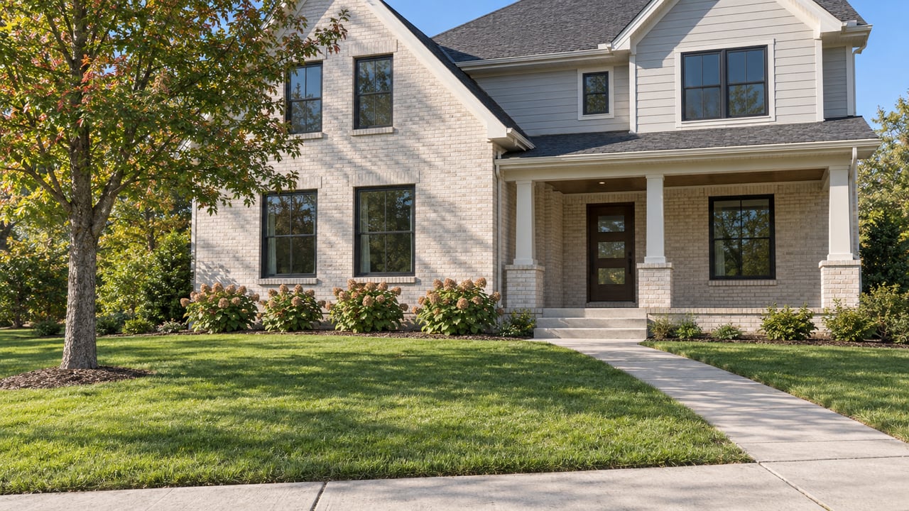 Two-story house with a covered porch, light brick facade, and walkway across a green lawn.