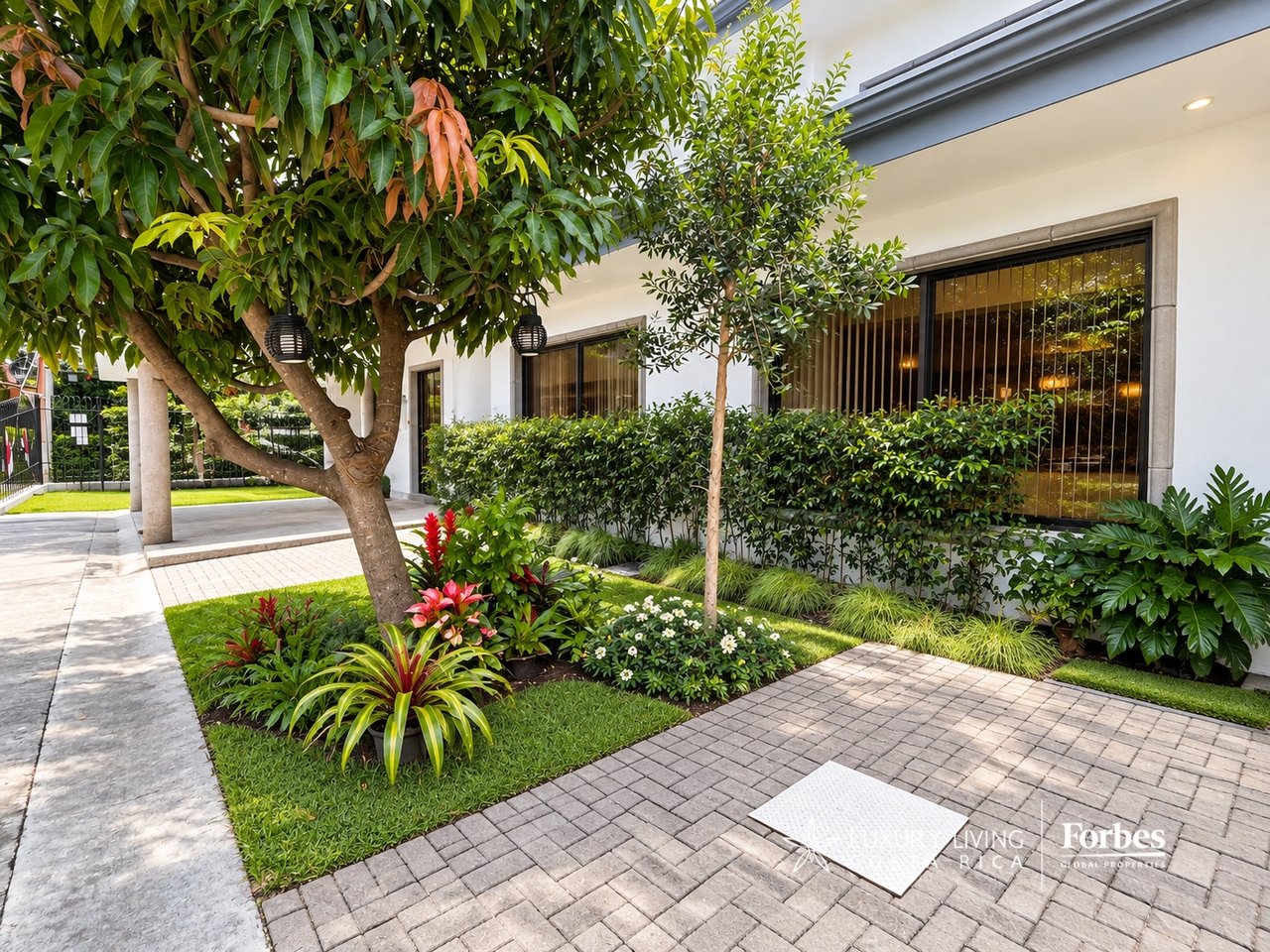 Modern white home exterior with large windows, tropical garden, and paved courtyard.
