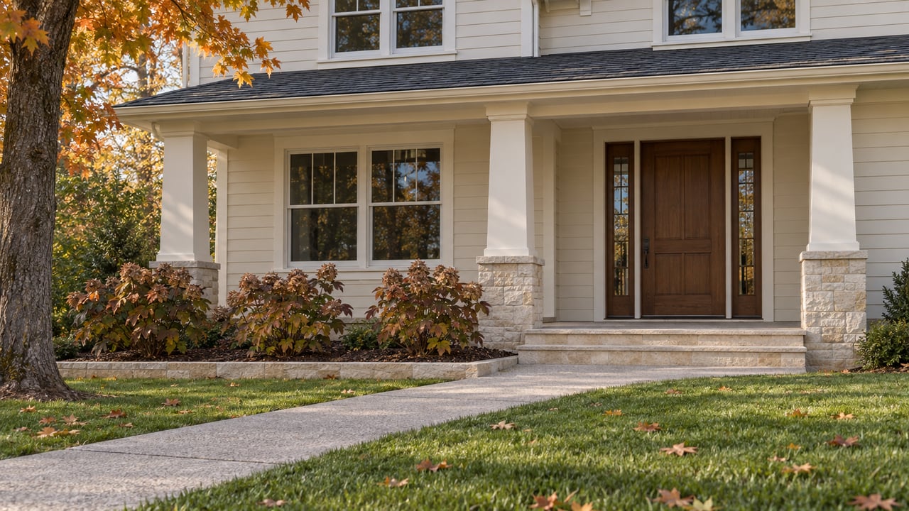 An ivory wood-sided home with a limestone porch, oak entry door, broad lawn and autumn planting.