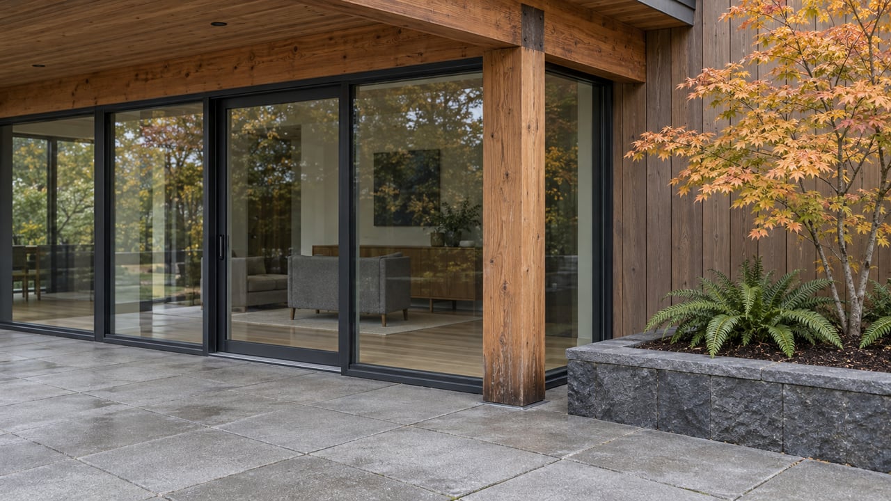 Close view of a timber-covered residential terrace with charcoal-framed glass doors, gray paving and a raised basalt planter containing an autumn vine maple and sword ferns.