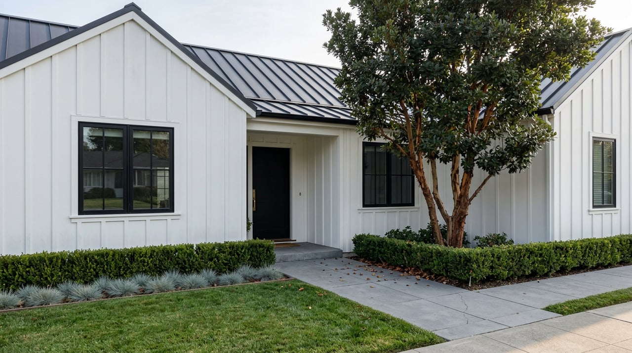 White board-and-batten home with dark metal gable, black-framed windows, and a paver walkway beside a copper-barked tree.