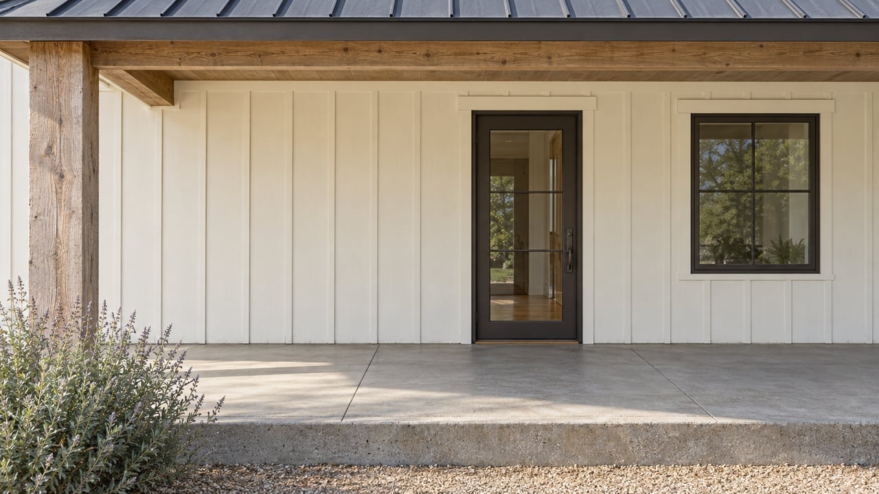 Close view of an ivory-sided home's shaded glass entry, weathered timber porch post and raised concrete edge beside Cleveland sage.