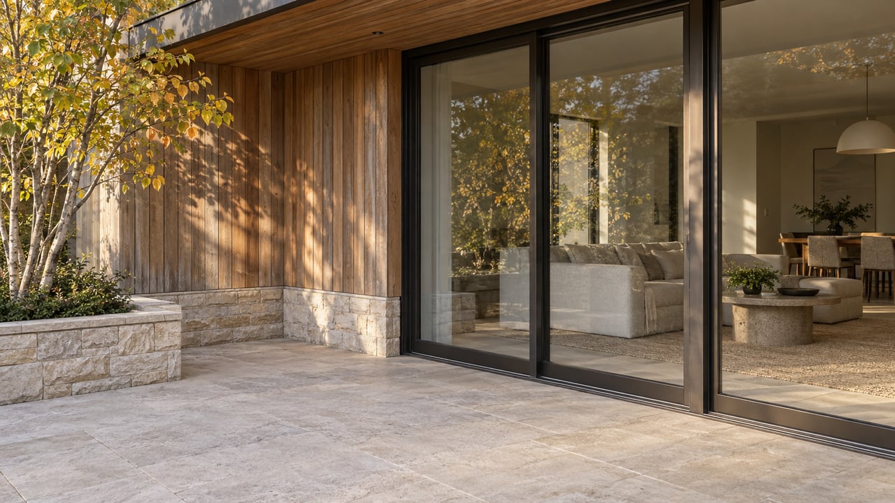 Cedar-clad house wall with bronze-framed sliding doors opening onto a limestone terrace and autumn-yellow serviceberry.
