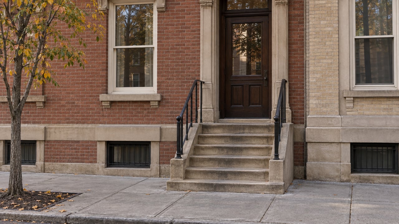 Brick townhouse entrance with a five-step limestone stoop, black handrails, and a sparse tree at the sidewalk.