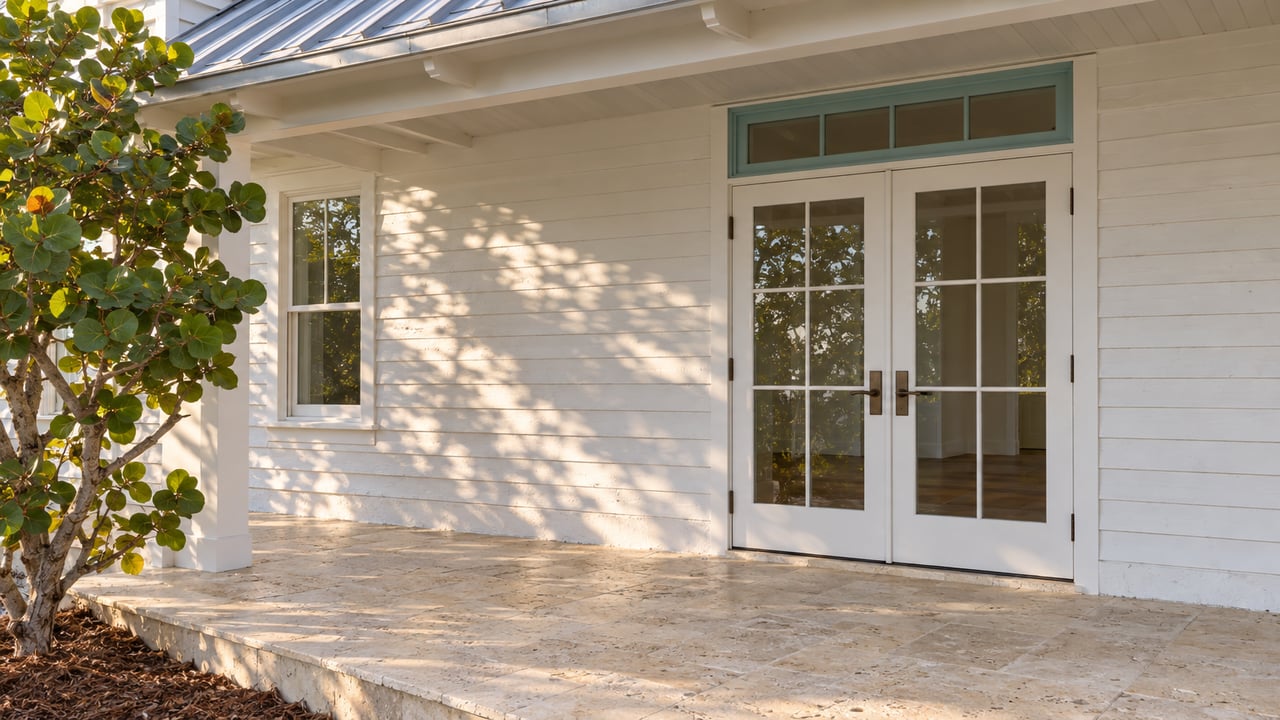 Sunlit white clapboard entry with paired glazed French doors, turquoise transom trim, shell-limestone porch and a sculptural sea grape tree.
