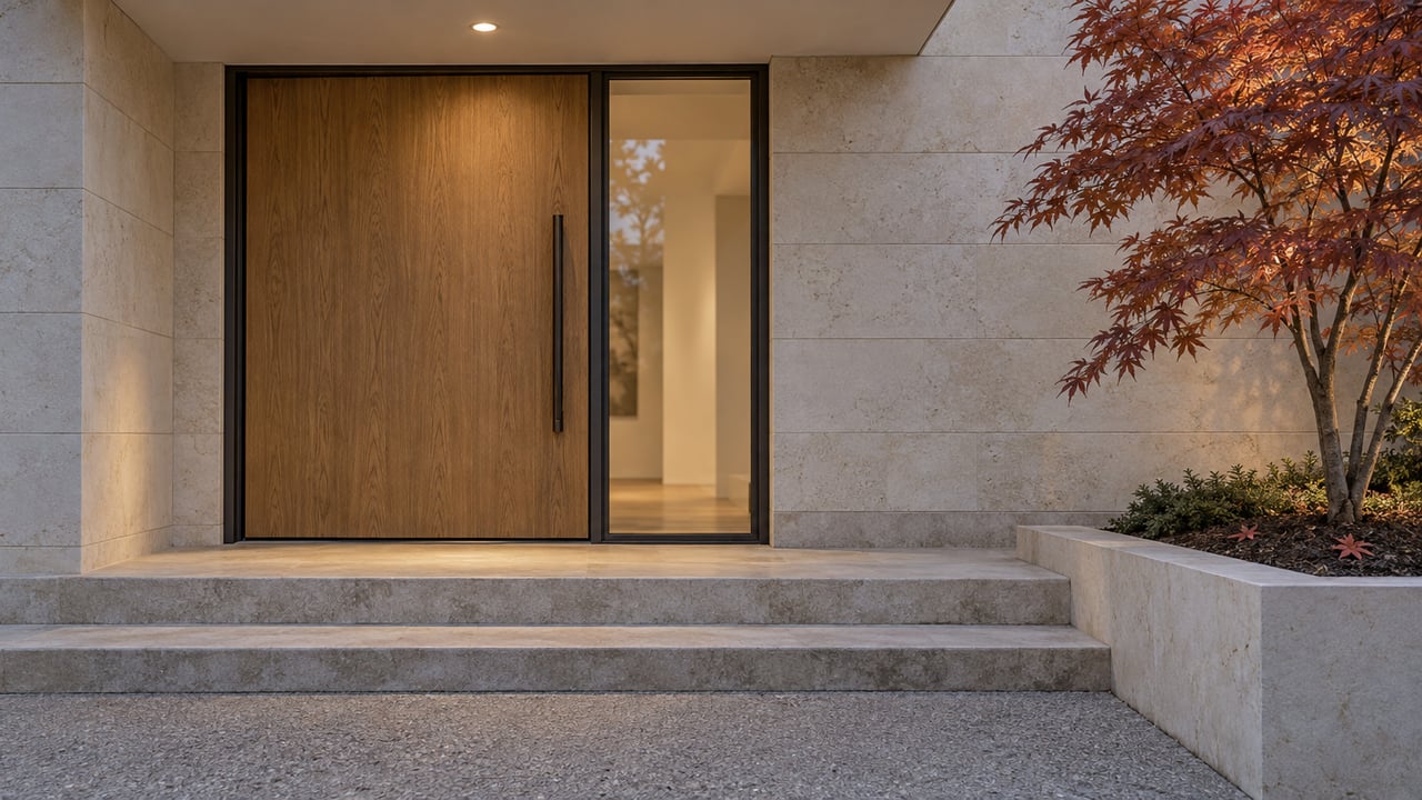 Modern stone-clad home entrance with a broad wood door, stone steps, and a red-leaf Japanese maple.