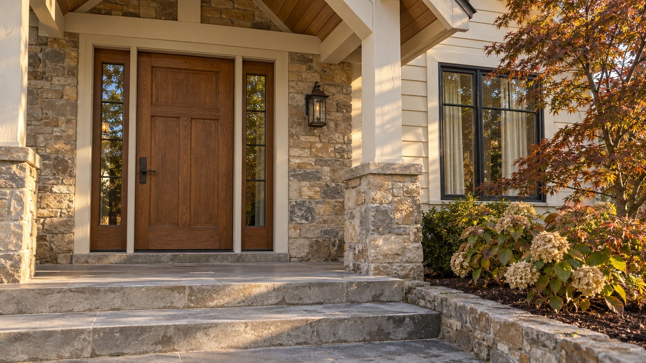 Sunrise light on a stone-and-cream-sided home entrance with an oak door, limestone steps and carefully placed maple and oakleaf hydrangeas.