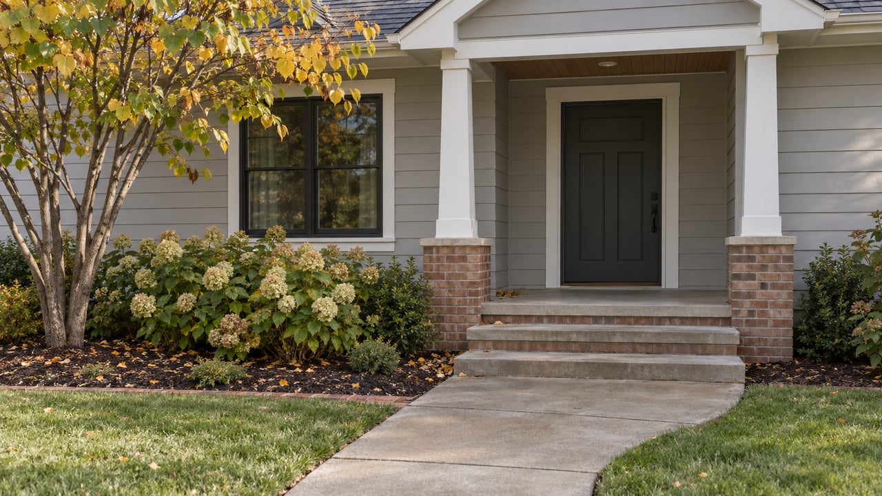 Detached house with gray siding, brick-based porch, concrete approach, and early-autumn redbud and hydrangea.