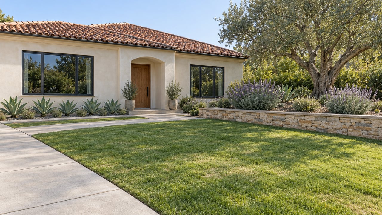 Warm stucco single-story home with clay tile roof, a deep front lawn and a broad side garden with an olive tree and stone retaining wall.