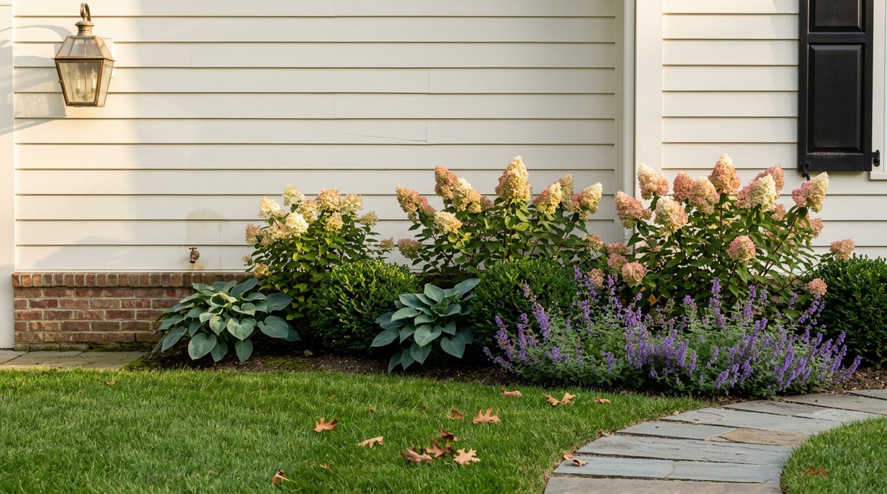 Side-yard garden with pink-tipped hydrangeas, clipped boxwood, bluestone stepping stones, and off-white clapboard siding.