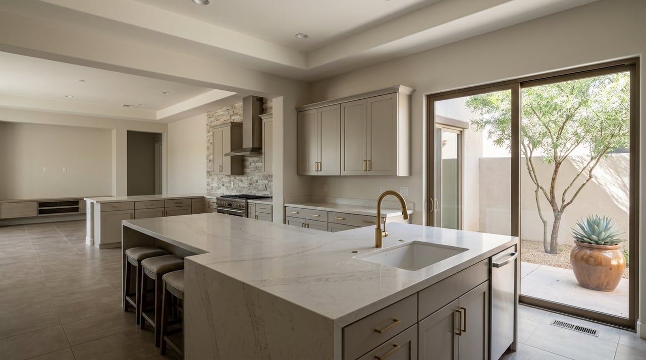 Quartz kitchen island and stacked-stone range wall beside glass doors opening onto a courtyard with a tree.