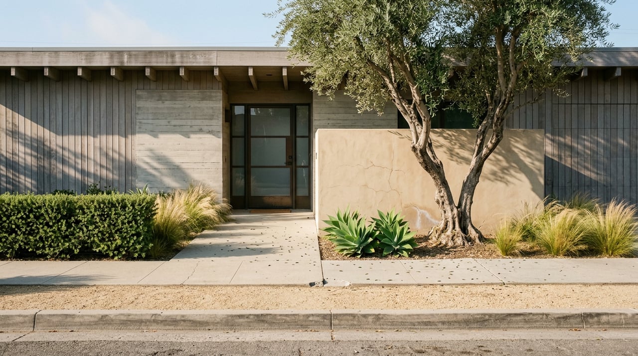 Single-story cedar-and-concrete home with a glass entry, olive tree, agaves, and a clipped sidewalk hedge.