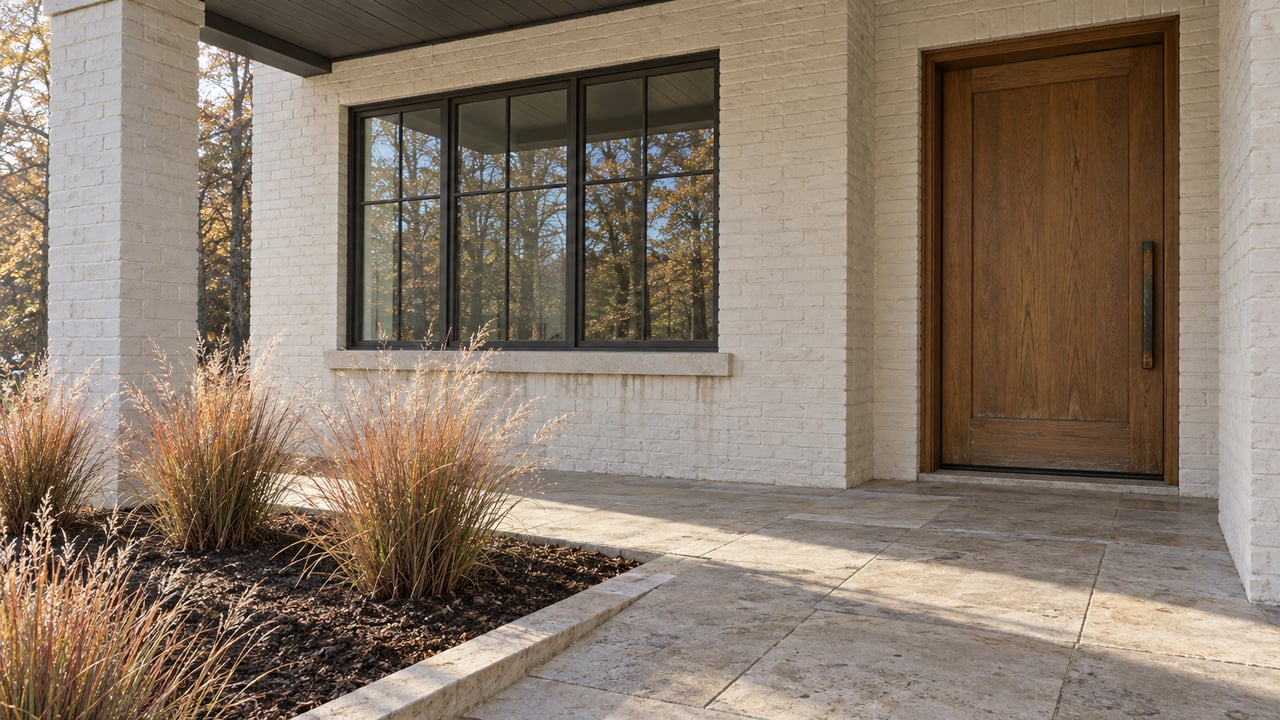 Morning light across a white brick home's oak entry, limestone landing and copper-colored little bluestem grasses.