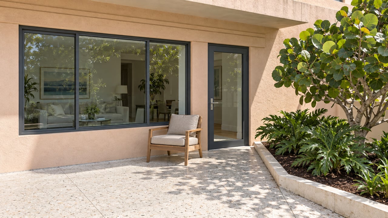 Peach stucco residential terrace with ribbon windows, a teak lounge chair and a sea grape tree beside cream terrazzo paving.