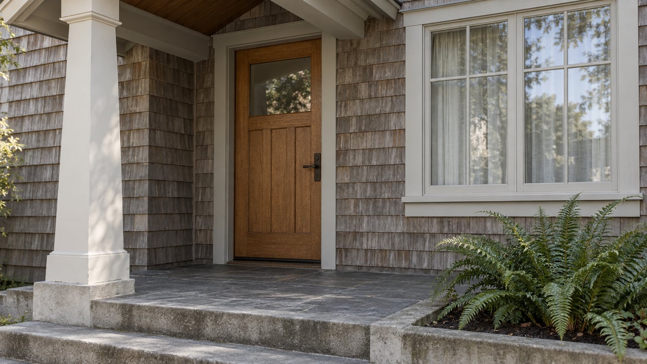 Home entrance with a wooden door, shingled siding, stone steps, and ferns beside the porch.