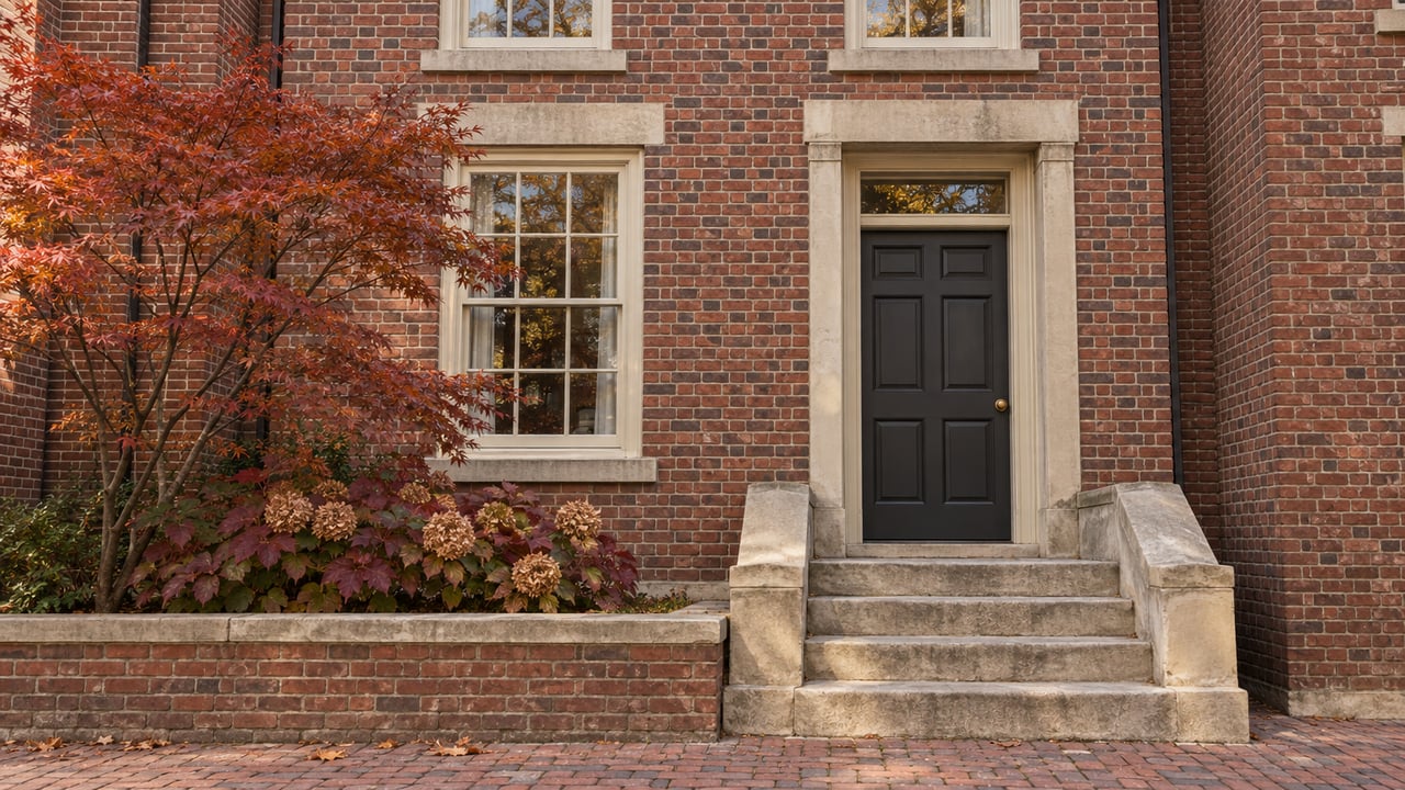 Historic red-brick residence with cream sash windows, a charcoal door, worn limestone steps, and russet autumn planting.