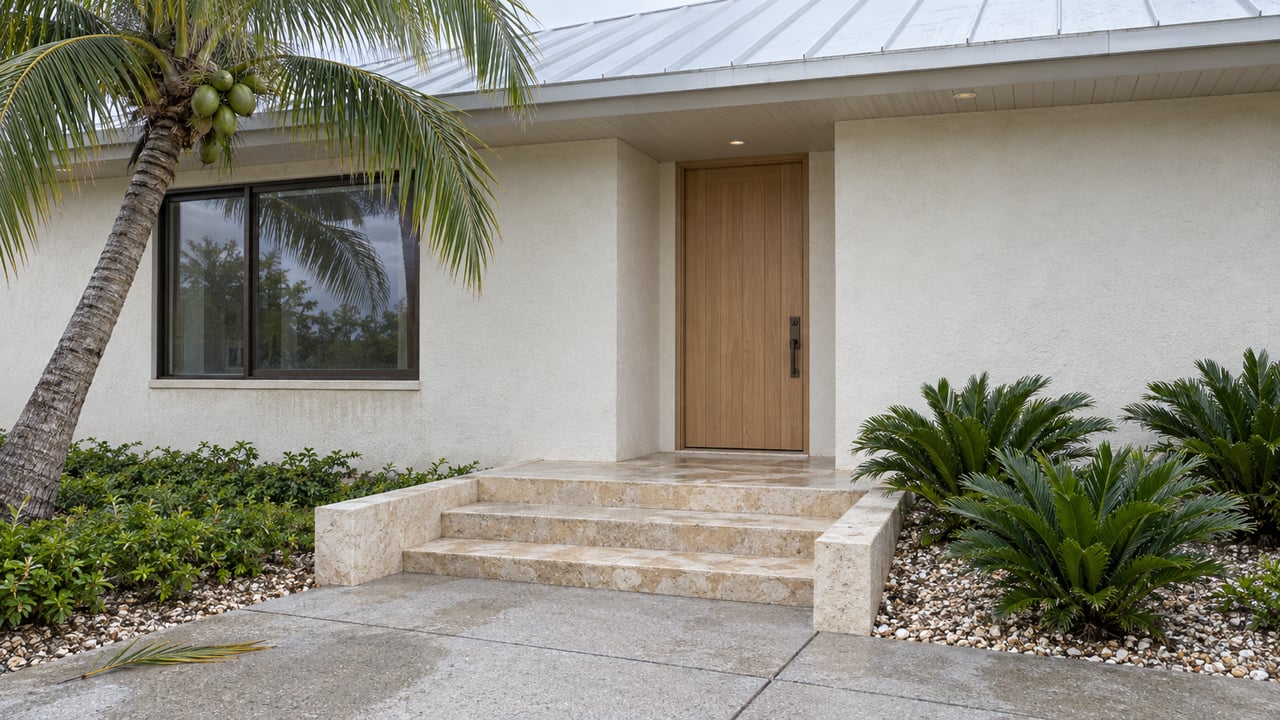 Stucco home entry with a pale-wood door, limestone steps, a palm, and three low cycads.