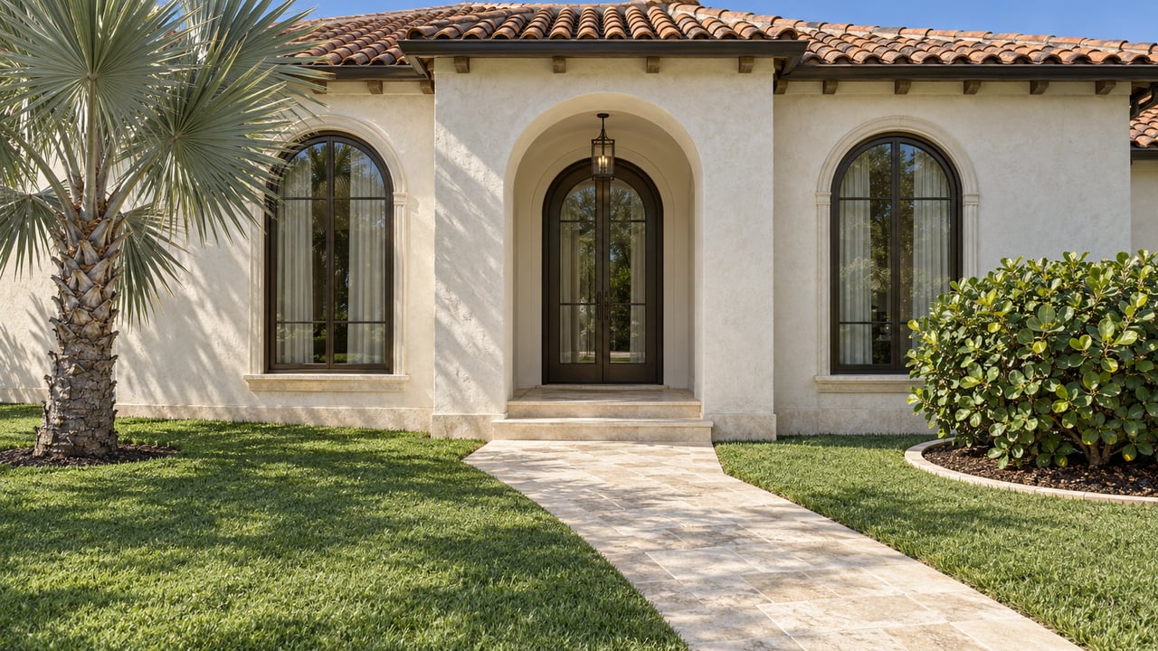 Warm-white stucco home with terracotta barrel tiles, arched bronze-framed glazing, and a limestone approach through a palm-planted front garden.