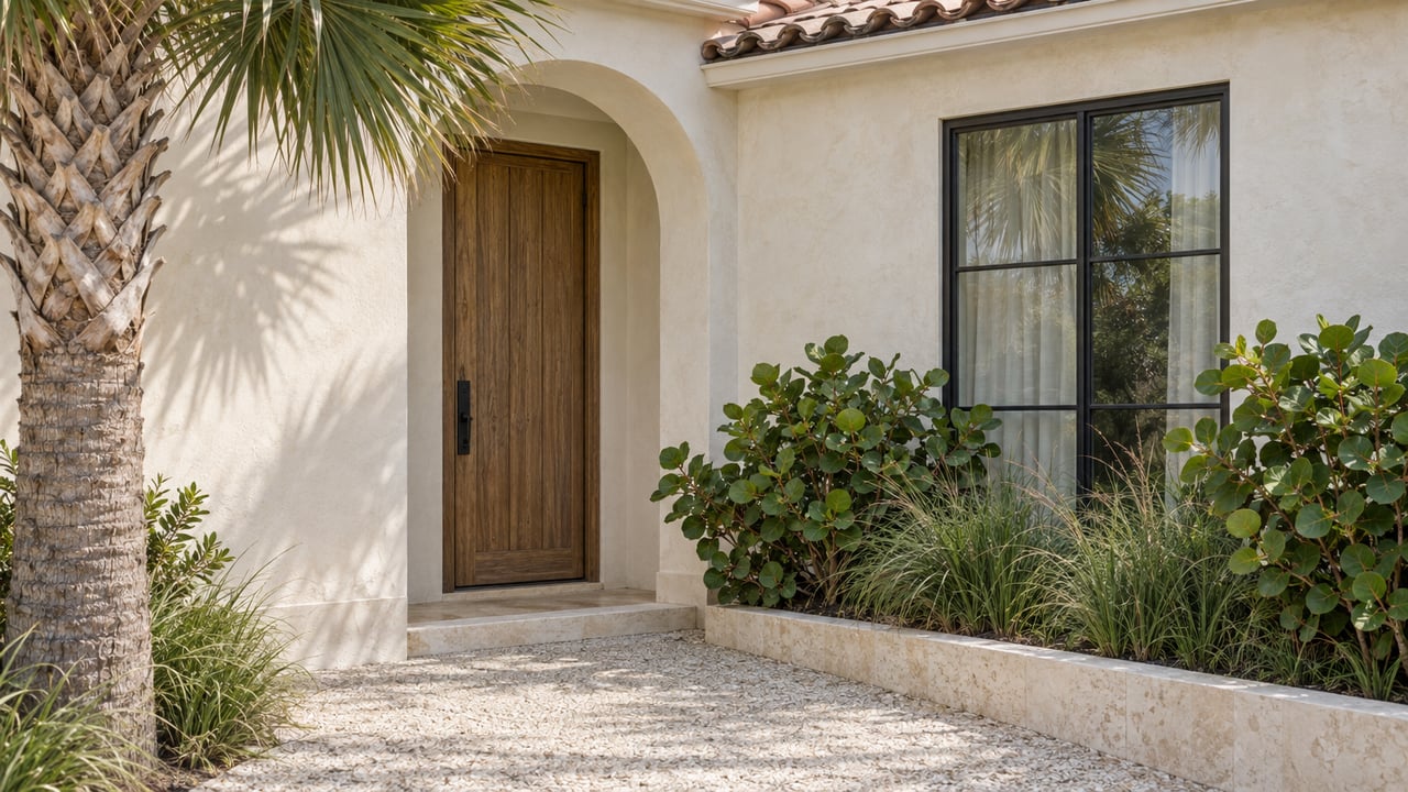 Arched teak entry in an ivory stucco coastal house, beside a palm and raised bed of tropical plants.