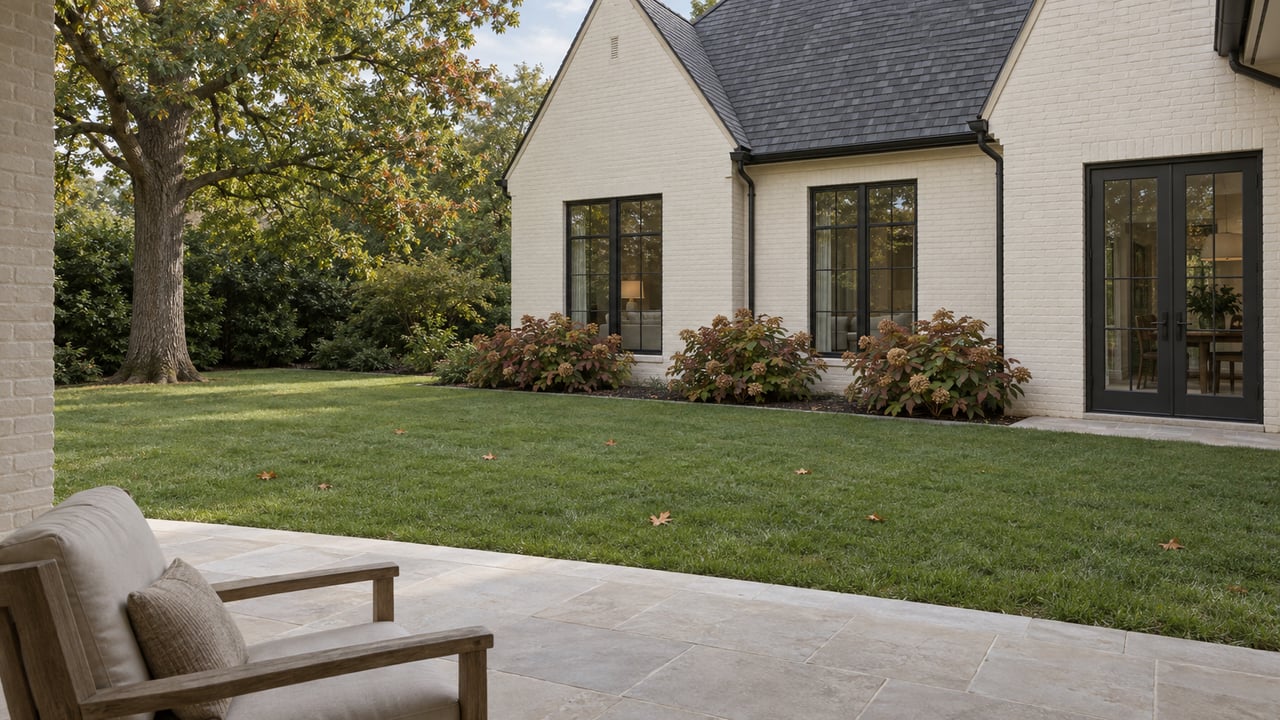 Covered limestone terrace beside a cream-painted brick home, overlooking a broad lawn, mature white oak and autumn oakleaf hydrangeas.