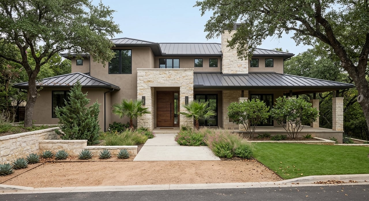 Stucco and limestone luxury home with a charcoal metal roof, live oak canopy, and landscaped approach.