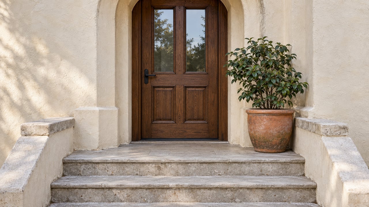 Dark oak door beneath an ivory stucco arch, above worn limestone steps with a single potted camellia beside the entry.