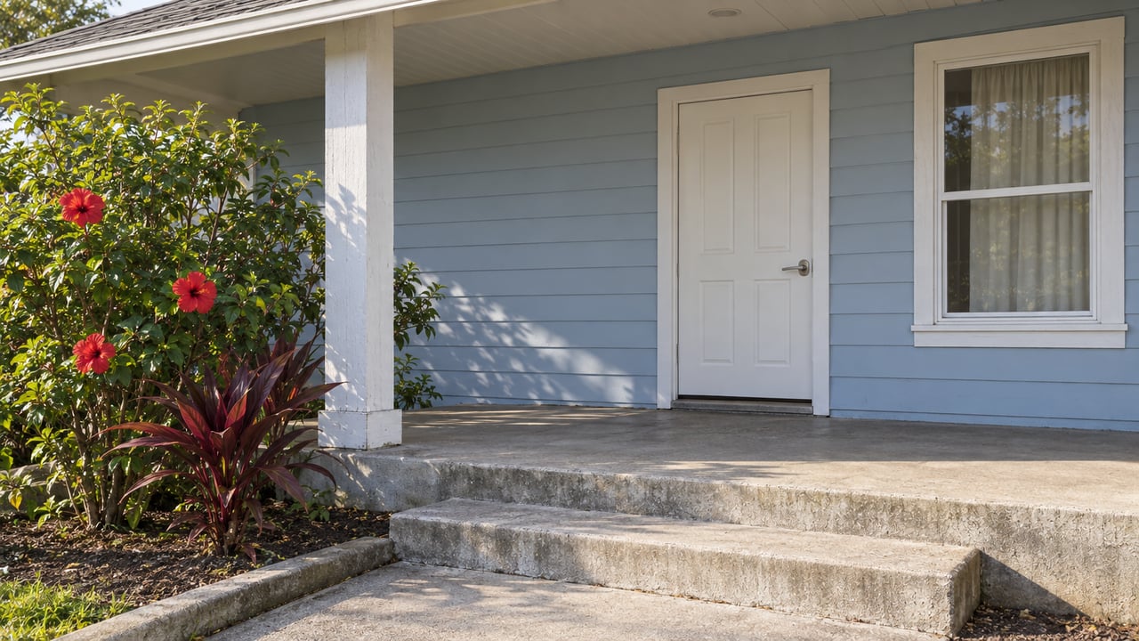 Pale-blue lap-sided home with a shaded white entry door, broad concrete porch steps, red hibiscus flowers and burgundy ti leaves.