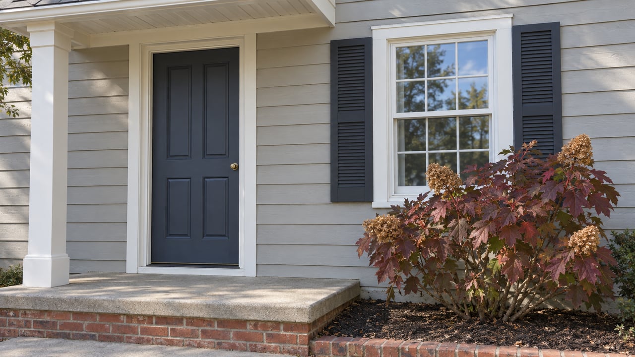 Sunlit gray clapboard entry with a navy door, shuttered sash window, brick-edged stoop, and autumn oakleaf hydrangea.